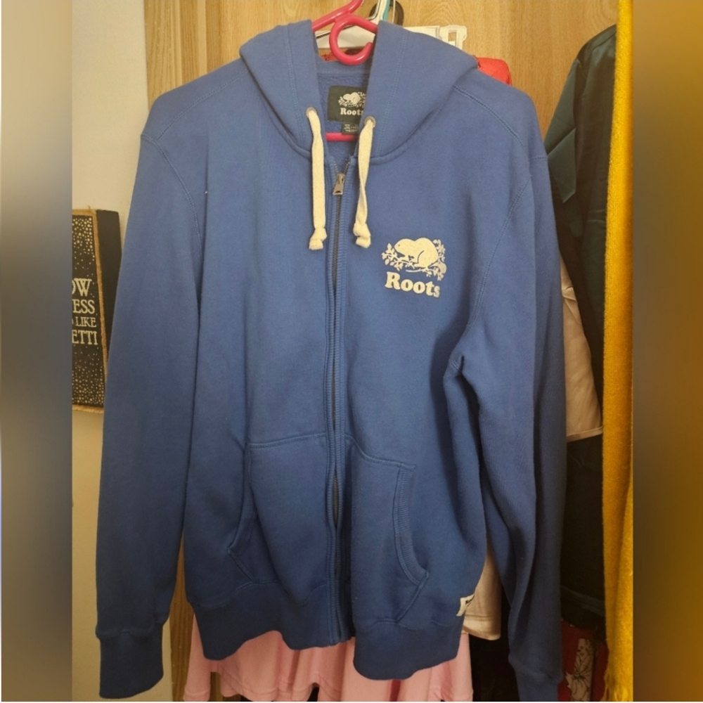 Roots zip-up hoodie.  XS Mens. S Womens. Blue With White Bunny Logo
